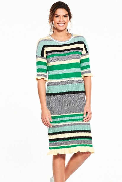 V by Very Crew Neck Stripe Frill Cuff Midi Dress - Green Stripe