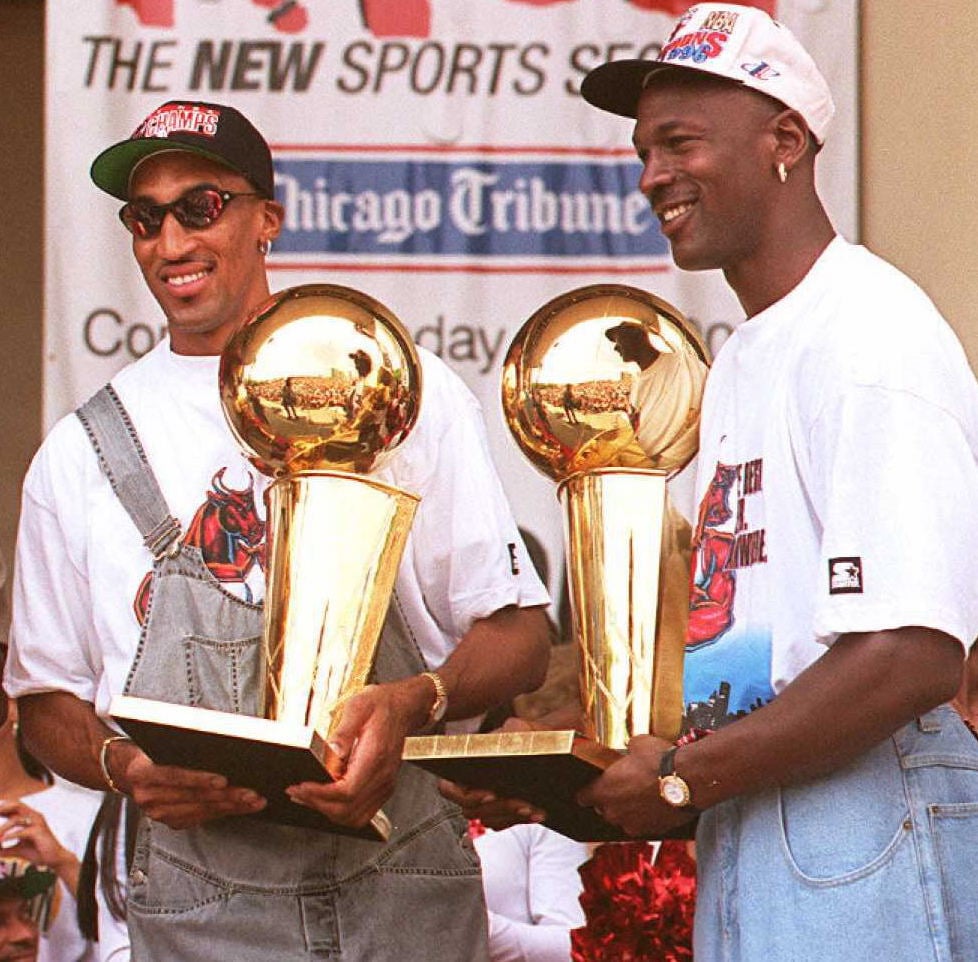 Michael Jordan and Scottie Pippen at a Rally in Chicago in 1996