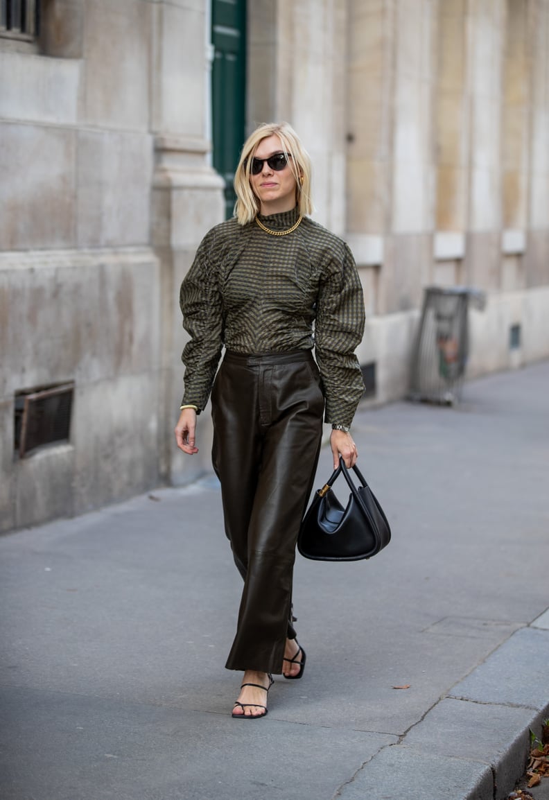 Leather Pants Outfit Idea: Puff-Sleeve Top + Strappy Sandals