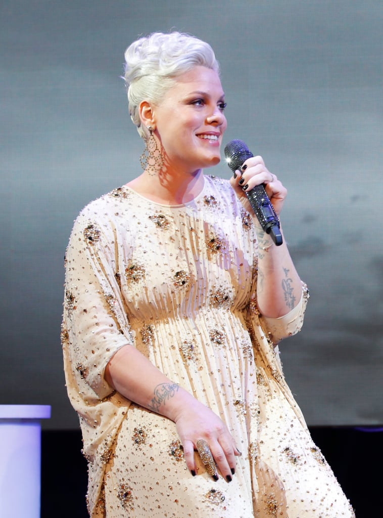 Pink serenaded the audience at unite4:humanity's party.