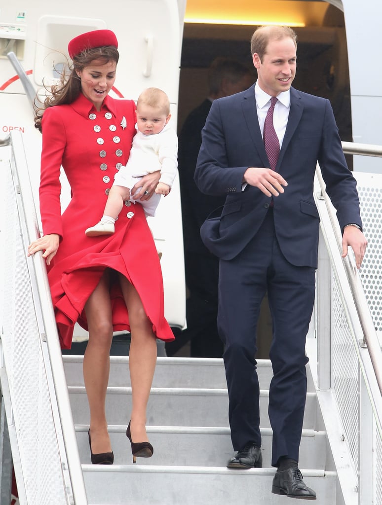 While arriving for their official tour of Australia and New Zealand in April 2014, a Catherine Walker-clad Kate was so focused on holding baby George that she had some trouble keeping her red coat dress from blowing in the wind. A little help here, William?