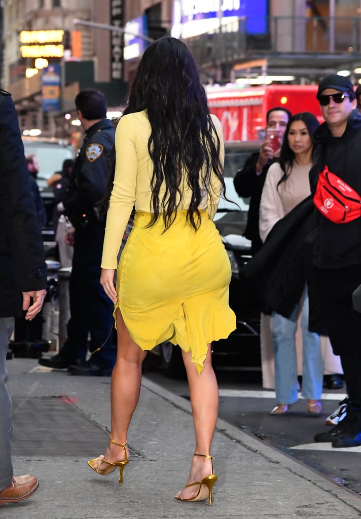Kim Kardashian's Yellow Turtleneck and Suede Skirt in NYC