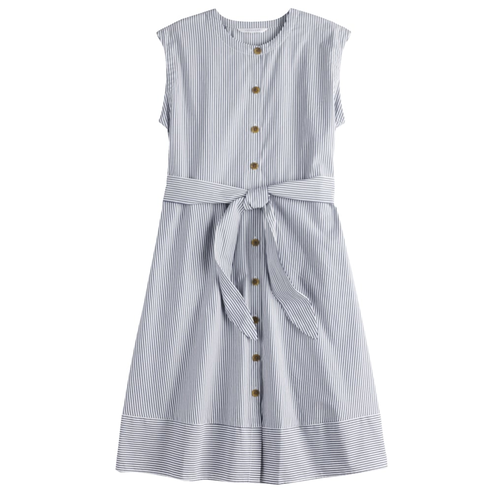 Belted Button Up Dress in Bright White With Maritime Blue