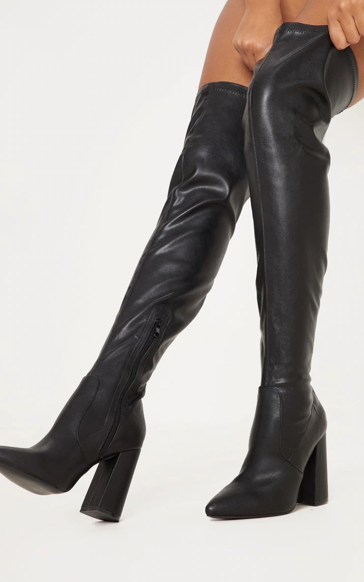 Over-the-Knee Black Boots: PrettyLittleThing Black Block Heel Thigh High Boot