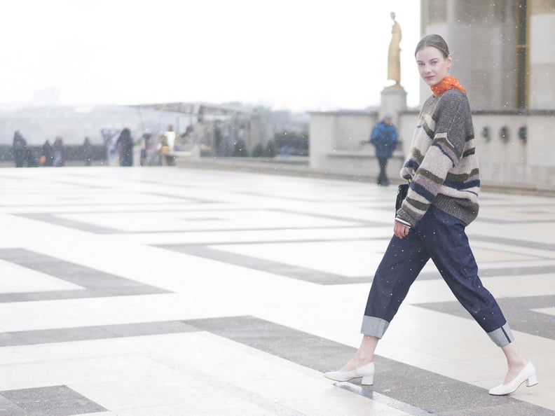 Slouchy Separates Polished Off With a Scarf and Block Heels