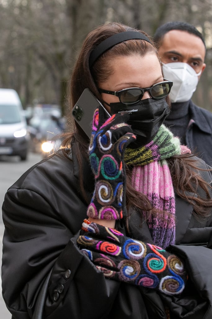 Bella Hadid Wearing Colourful Gloves With Black Prada Coat