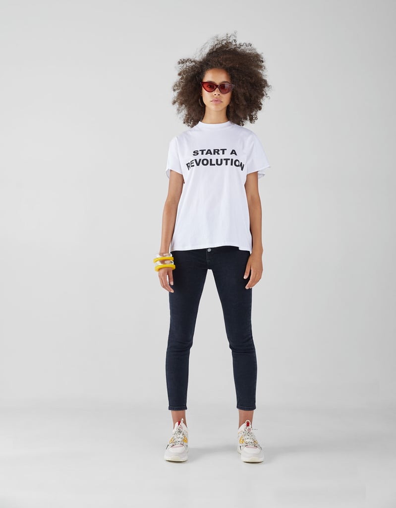 The Bershka Printed T-Shirt With Side Stripes (£13) just became part of your revolution-starting uniform.