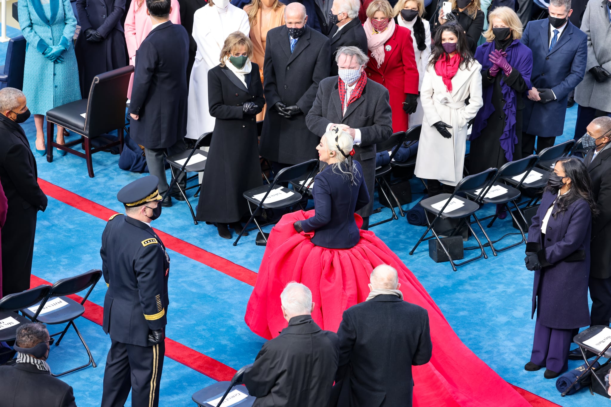 Lady Gaga Wore Custom Schiaparelli On Inauguration Day Popsugar Fashion After biden was officially sworn in, gaga made her way to barack and michelle obama to share a friendly hug, and. lady gaga wore custom schiaparelli on