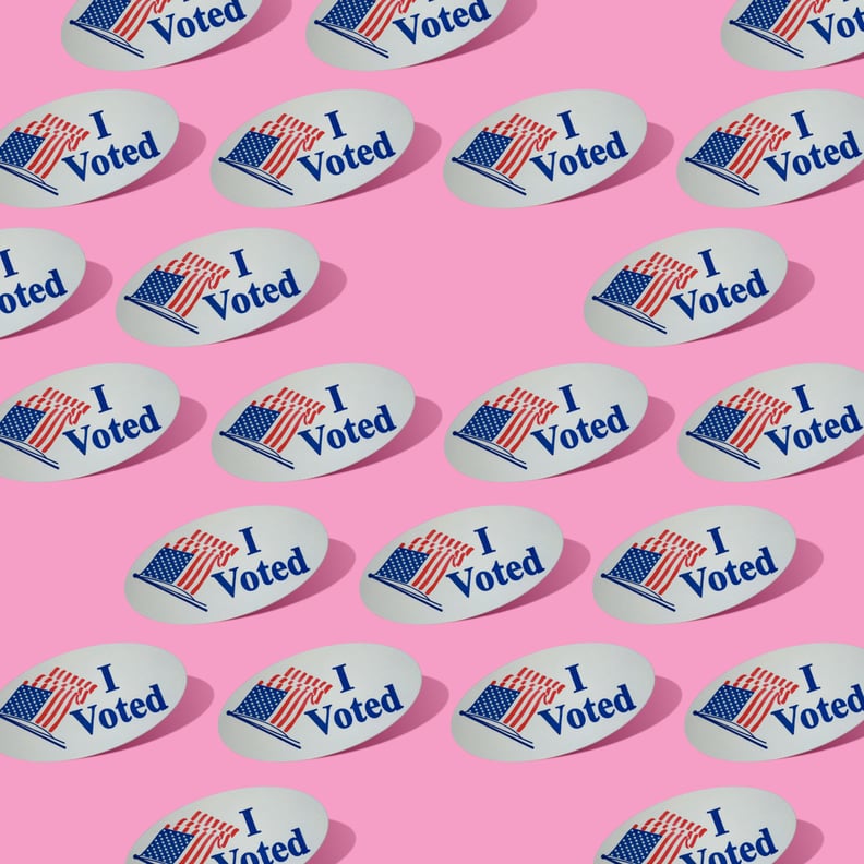Rows of I Voted flag stickers on a pink background