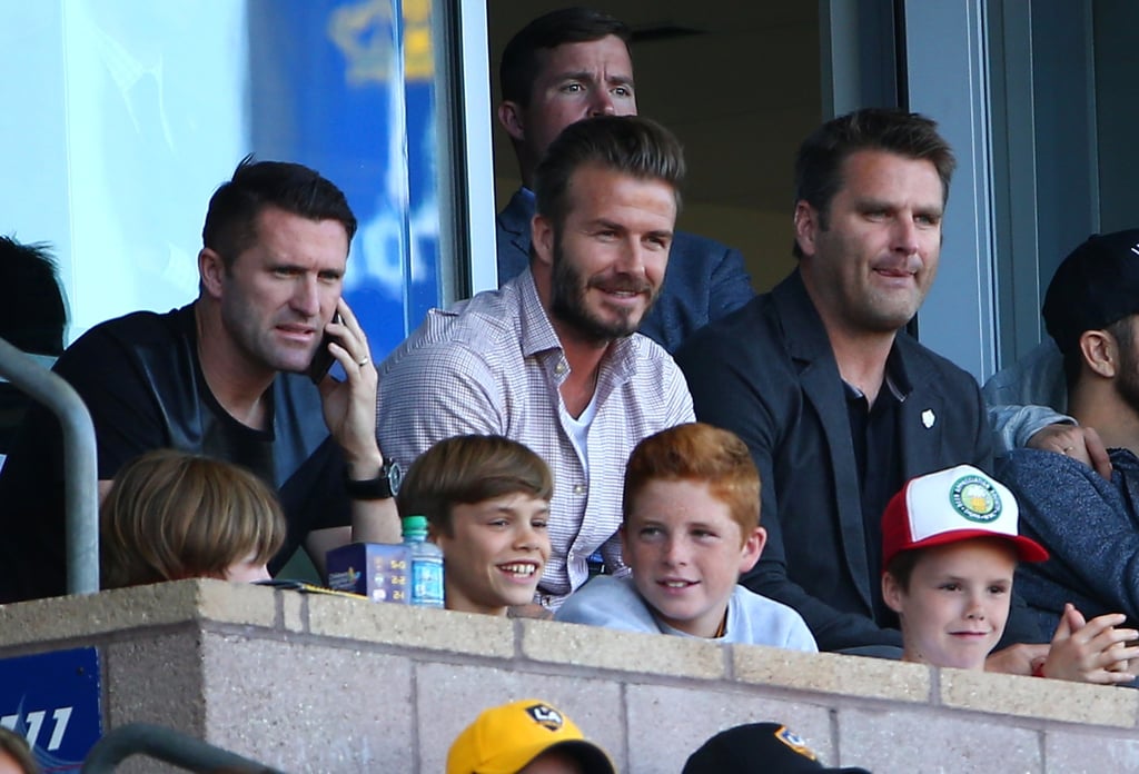 David Beckham was joined by his sons Romeo and Cruz and a group of pals in LA on Sunday. The guys watched the Seattle Sounders and the LA Galaxy battle it out on the soccer field.