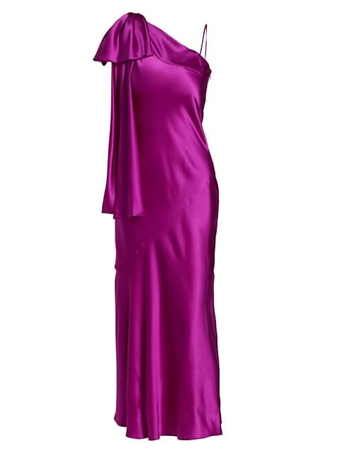 罗达特紫色丝缎1肩礼服与弓的细节