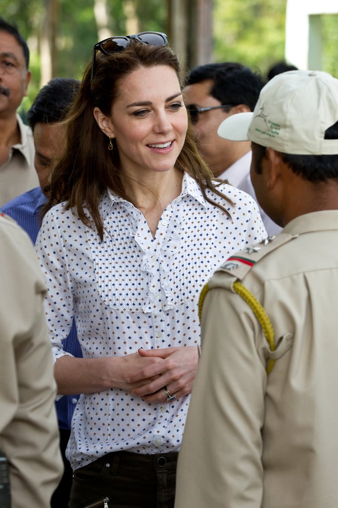For an afternoon outdoors at the Kaziranga National Park, Kate let her long hair hang down and kept her makeup natural and minimal. For an afternoon outdoors at the Kaziranga National Park, Kate let her long hair hang down and kept her makeup natural and minimal.
