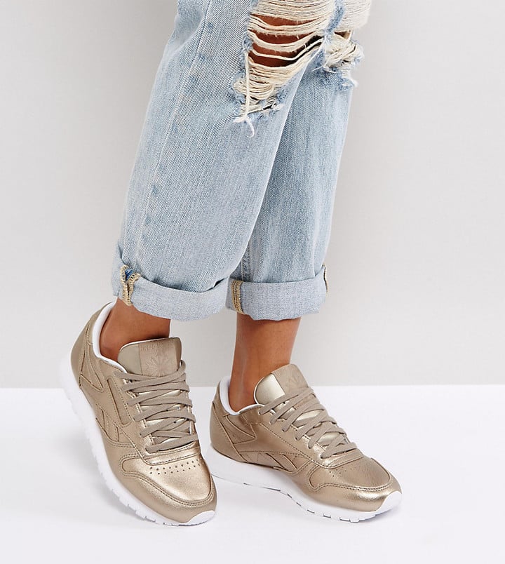 Classic Leather Metallic Sneakers In Antique Gold | Gigi Hadid's Wearing Sportiest Pair of Shiny Shoes Any Tomboy Could Wish | POPSUGAR Fashion Photo 11