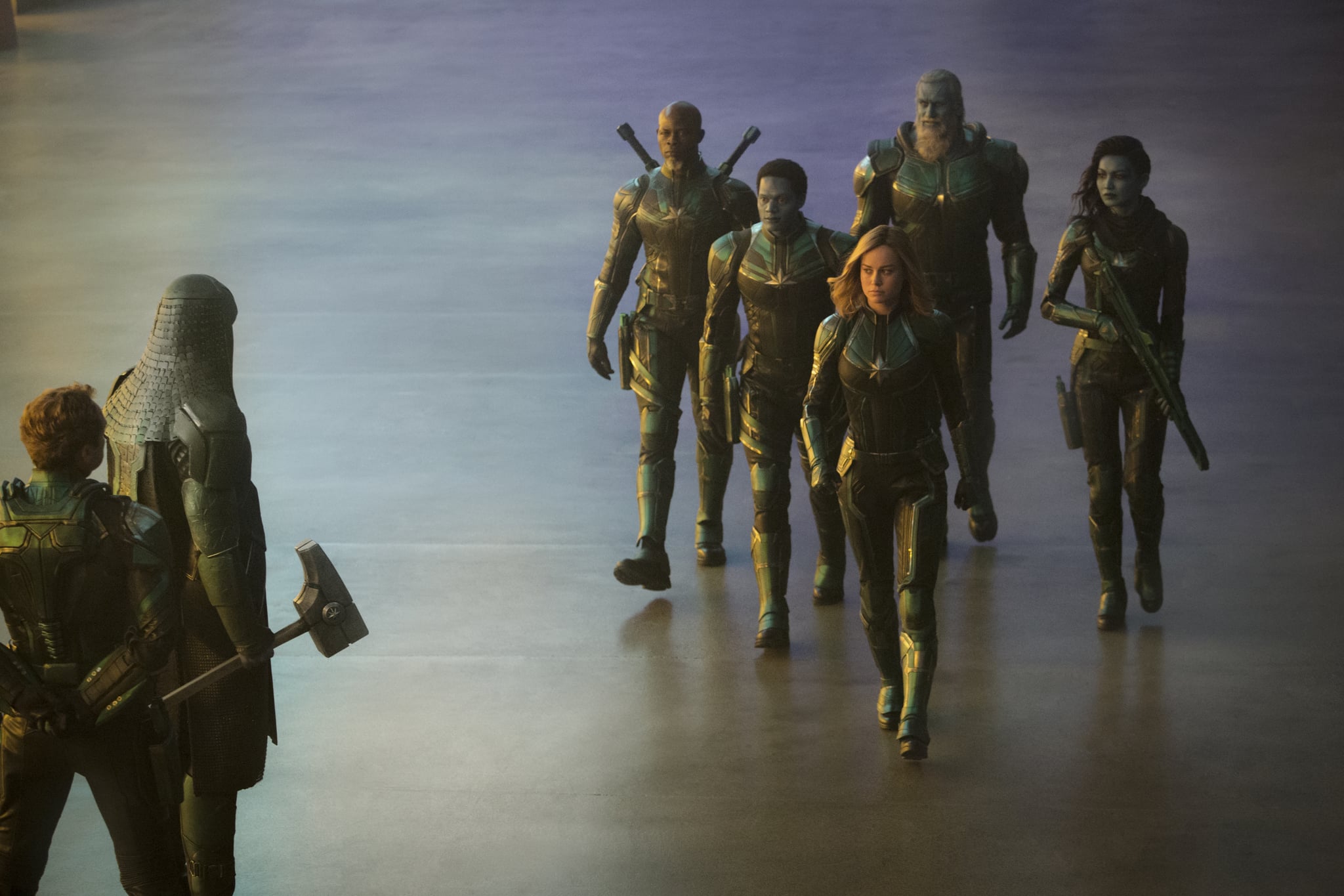 Marvel Studios' CAPTAIN MARVEL..L to R: Leader of Starforce (Jude Law), Ronan (Lee Pace), Korath (Djimon Hounsou), Att-Lass (Algenis Perez Soto), Carol Danvers/Captain Marvel (Brie Larson), Bron-Char (Rune Temte) and Minn-Erva (Gemma Chan)..Photo: Chuck Zlotnick..©Marvel Studios 2019