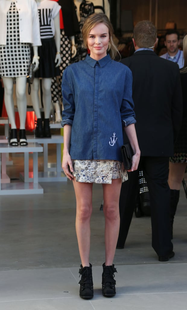 Kate doubled up on Topshop separates, pairing a chambray button-down with a jacquard mini and lace-up booties, for the brand's grand opening at The Grove in LA in February 2013.