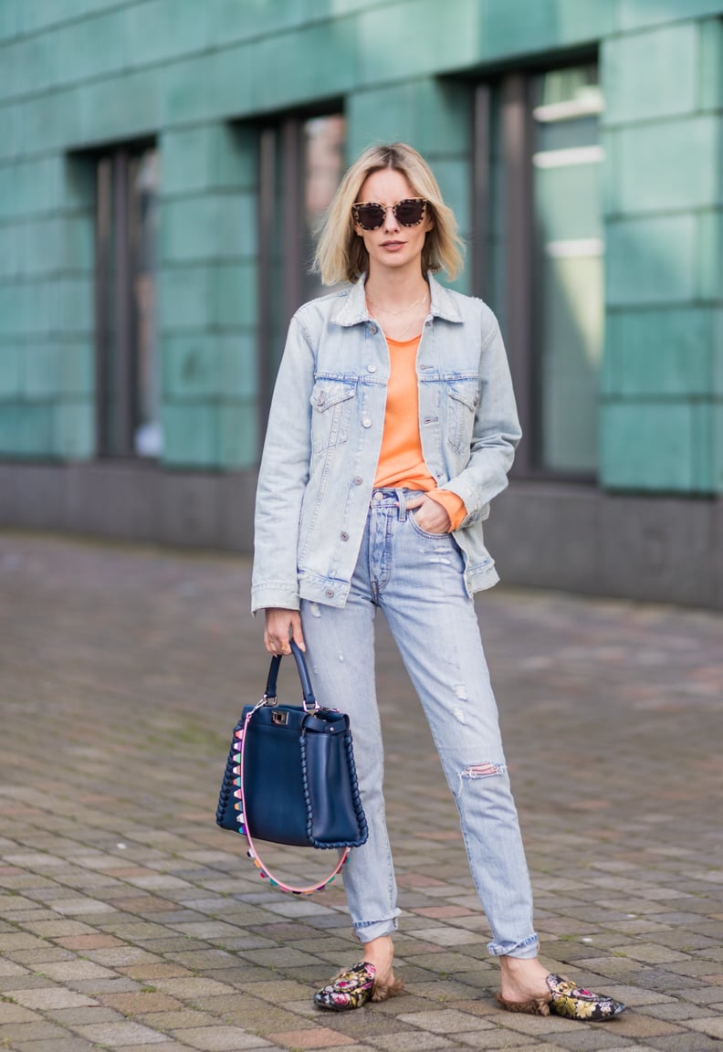 A Denim Jacket, Jeans, and a Colorful Jumper