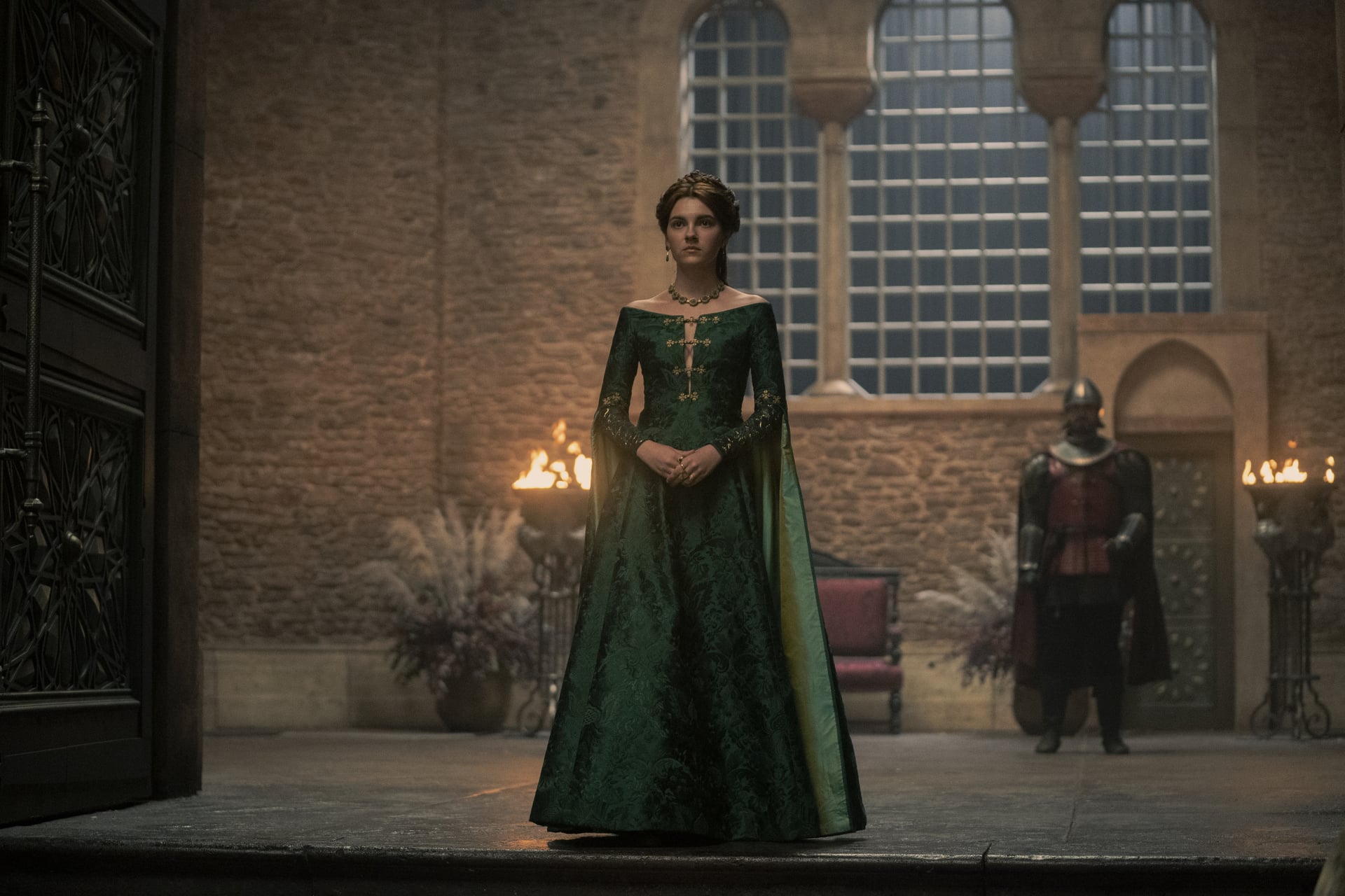 Emily Carey as Queen Alicent in her green dress