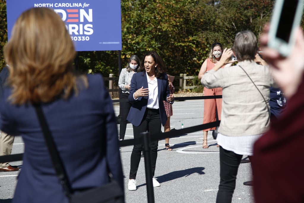 Kamala Harris Wearing White Kenneth Cole Sneakers and a Suit