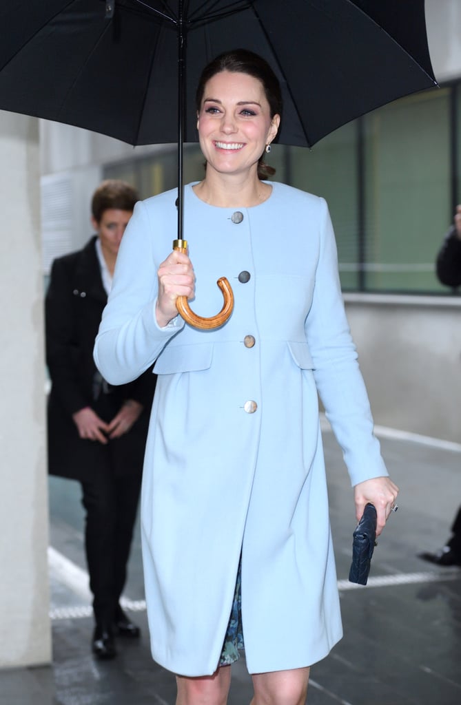 When the Duchess of Cambridge stepped out for a visit to Kings College, she wore two of her favourite maternity pieces: her powder blue Séraphine Natasha coat (£195), and the floral Florrie dress (£65).