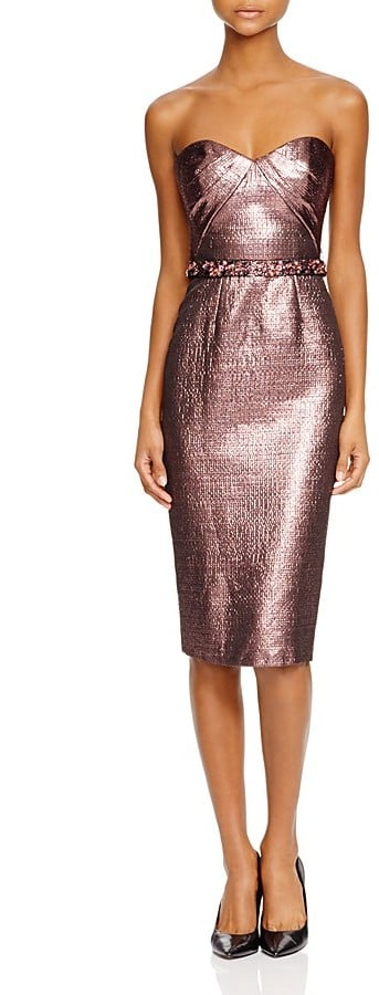 ml monique lhuillier silver metallic jacquard gown