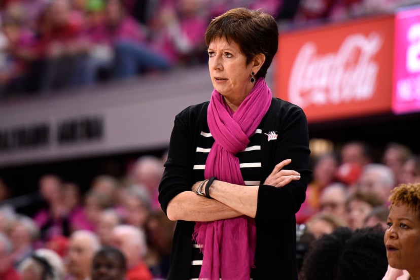 RALEIGH, NC - FEBRUARY 18: Head coach Muffet McGraw of the Notre Dame Fighting Irish looks on during their game against the North Carolina State Wolfpack at Reynolds Coliseum on February 18, 2019 in Raleigh, North Carolina. Notre Dame won 95-72. (Photo by
