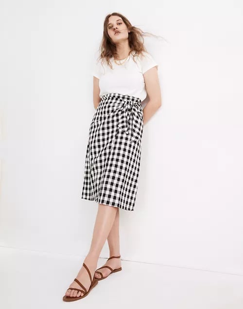 Madewell Sarong Faux-Wrap Midi Skirt in Gingham Check