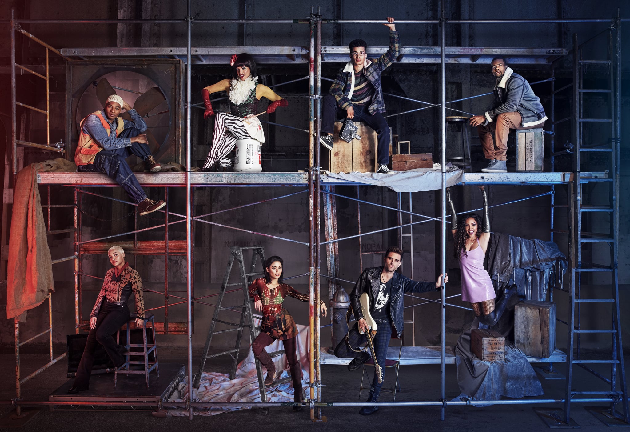 RENT: Top L-R to Bottom L-R: Brandon Victor Dixon as Tom Collins, Valentina as Angel Dumont Schunard, Jordan Fisher as Mark Cohen, Mario as Benjamin Coffin III, Kiersey Clemons as Joanne Jefferson, Vanessa Hudgens as Maureen Johnson, Brennin Hunt as Roger Davis and Tinashe as Mimi Marquez in RENT airing Sunday, Jan. 27 (8:00-11:00 PM ET LIVE/PT TAPE-DELAYED) on FOX. ©2019 Fox Broadcasting Co. CR: Pamela Littky/FOX