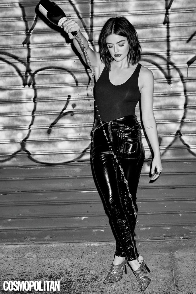 Lucy wearing an ATM Anthony Thomas Melillo bodysuit, RtA Brand pants, Giuseppe Zanotti mules, Sachin & Babi earrings, and Jennifer Fisher rings.
