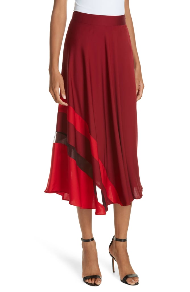 Milly Asymmetrical Stripe Stretch Silk Midi Skirt