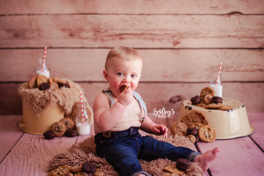 Photos of Baby Asleep During Milk and Cookies Birthday Shoot