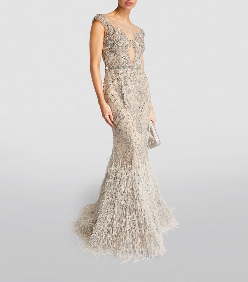 Jovani Feather-Trim Gown