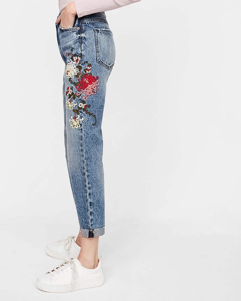 Express High-Waisted Floral Embroidery Girlfriend Jeans