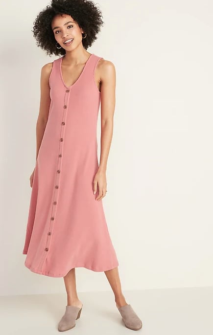 Sleeveless Button-Front Rib-Knit Midi Dress