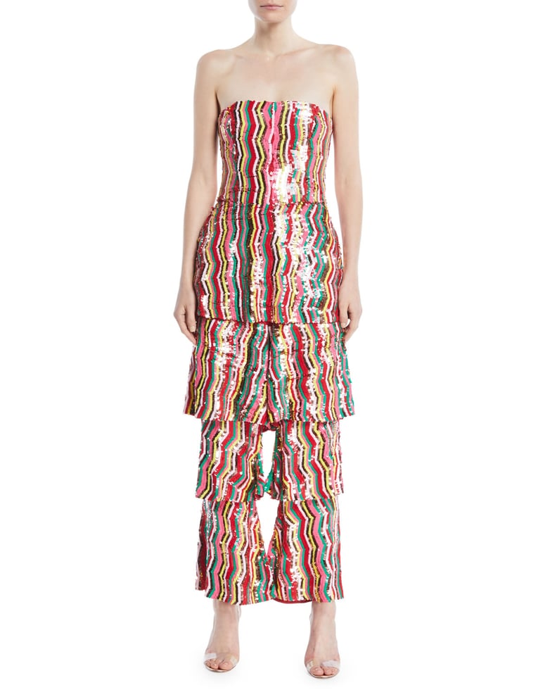 Osman London Strapless Multi-Chevron Sequin Ruffle-Leg Jumpsuit