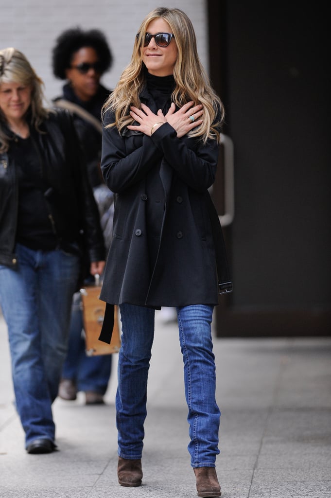 Boot-Cut Jeans Broke Up a Black Jacket and Brown Boots