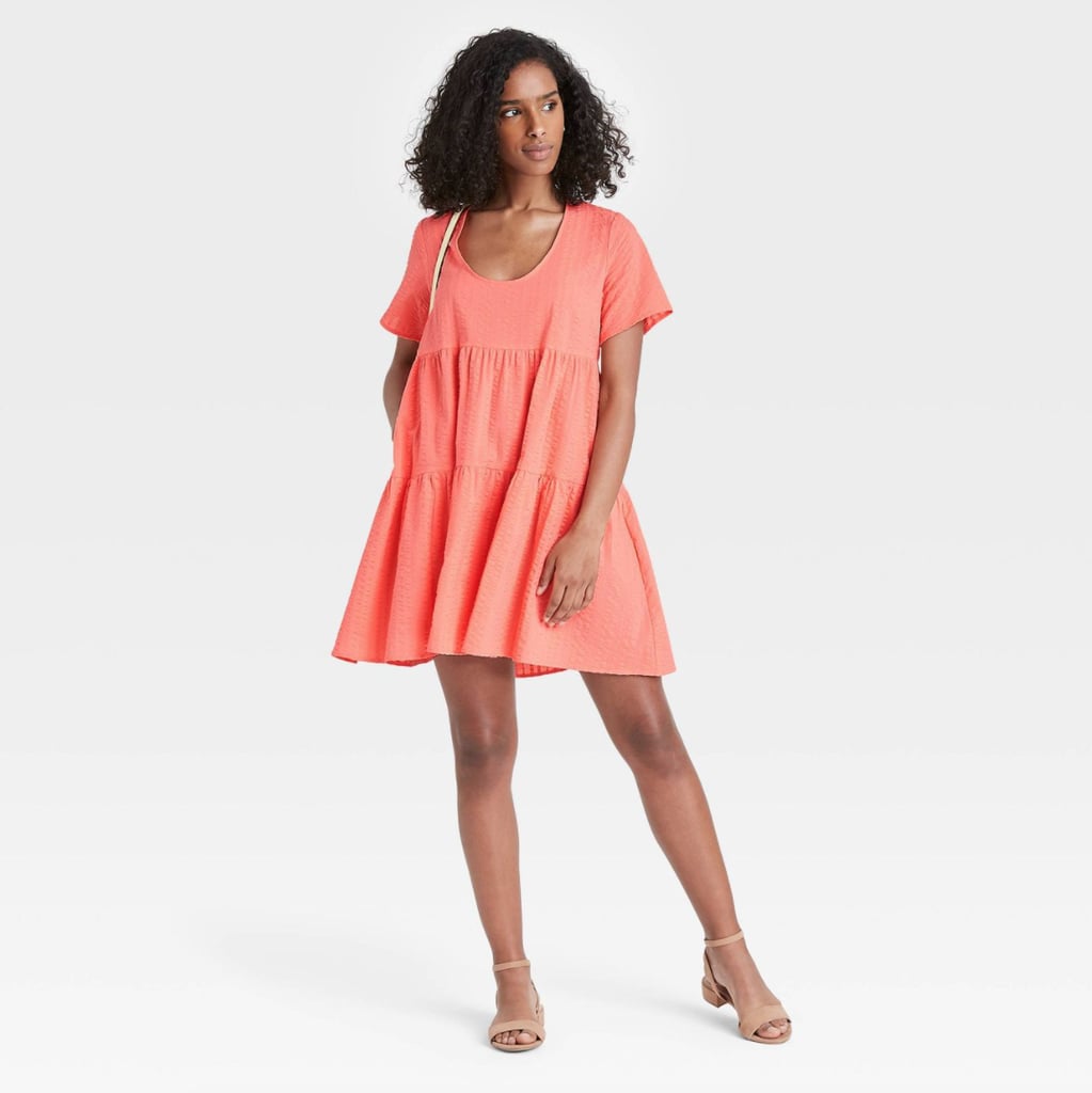 A New Day Flutter Short Sleeve Tiered Dress in Peach