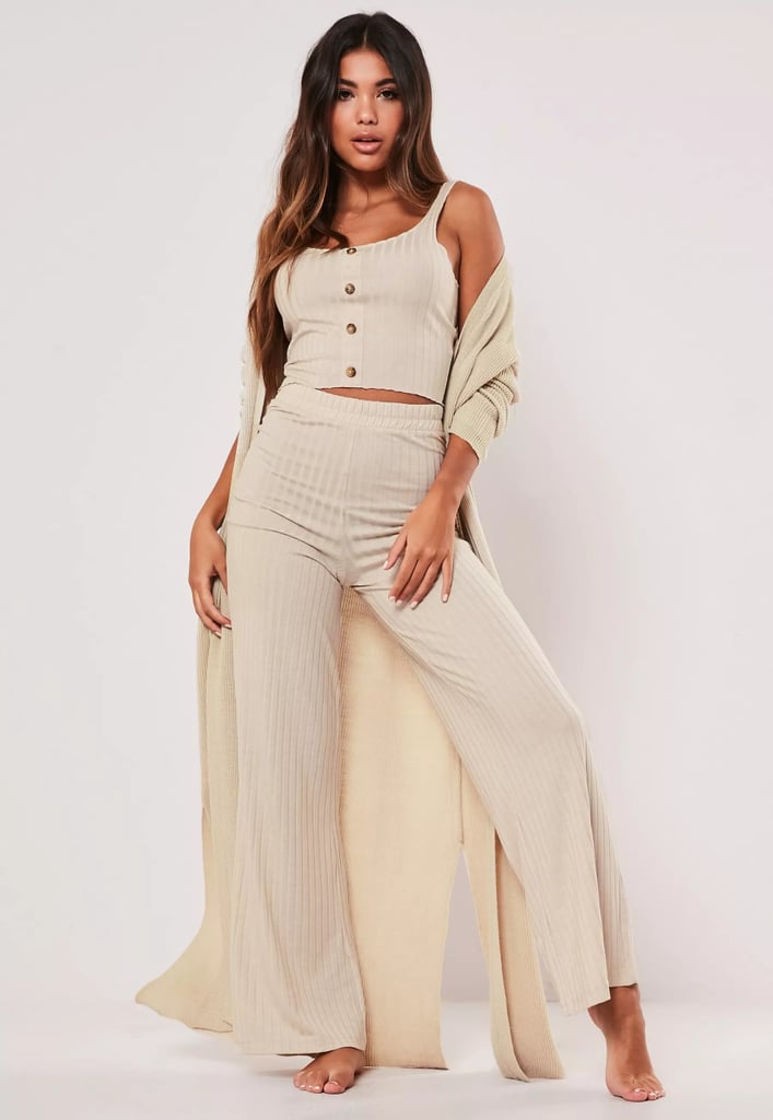 Missguided Ivory Rib Horn Button Crop Top and Wide-Leg Loungewear Set
