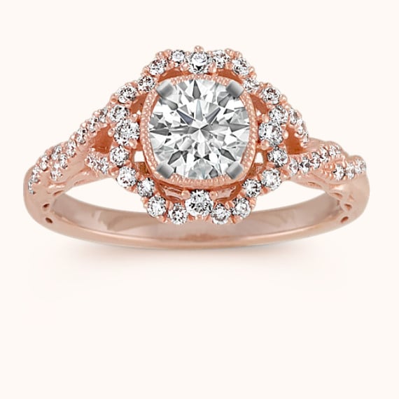 Halo Vintage Round Diamond Engagement Ring in 14k Rose Gold