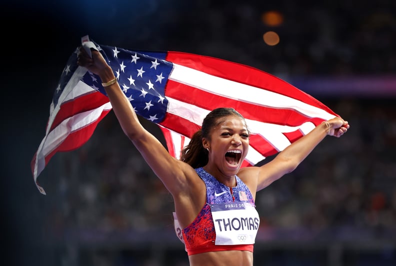 PARIS, FRANCE - AUGUST 06: Gabrielle Thomas of Team United States celebrates winning the gold medal after competing in the Women's 200m Final on day eleven of the Olympic Games Paris 2024 at Stade de France on August 06, 2024 in Paris, France. (Photo by M