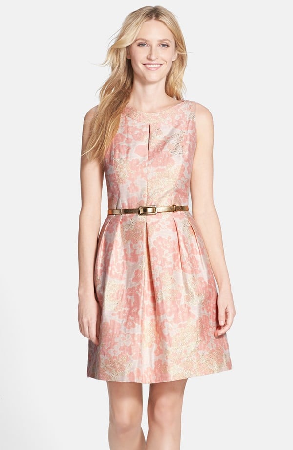 Tahari Belted Metallic Floral Jacquard Fit & Flare Dress ($138) | What ...