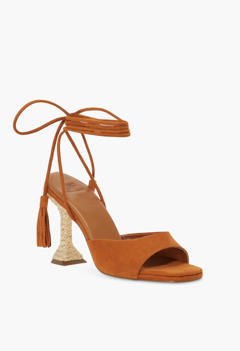 Ayesha Curry x JustFab Toni Ankle-Wrap Heeled Sandals in Camel