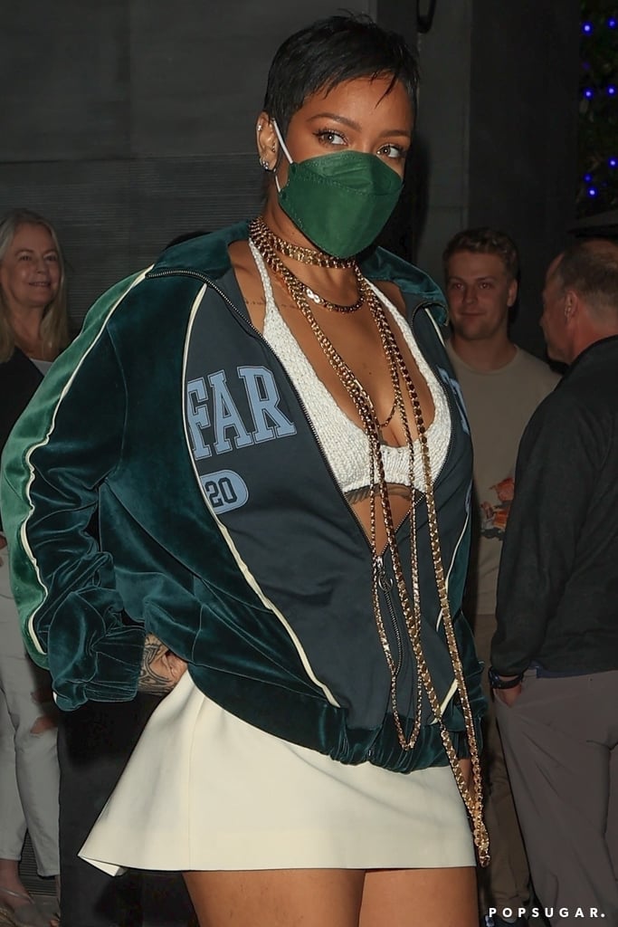 Rihanna Wearing a Green Velour Telfar Jacket and Miniskirt