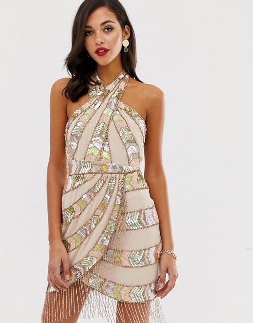 ASOS Design Mini Dress With Wrap Neck and Geo-Tribal Embellishment Fringe