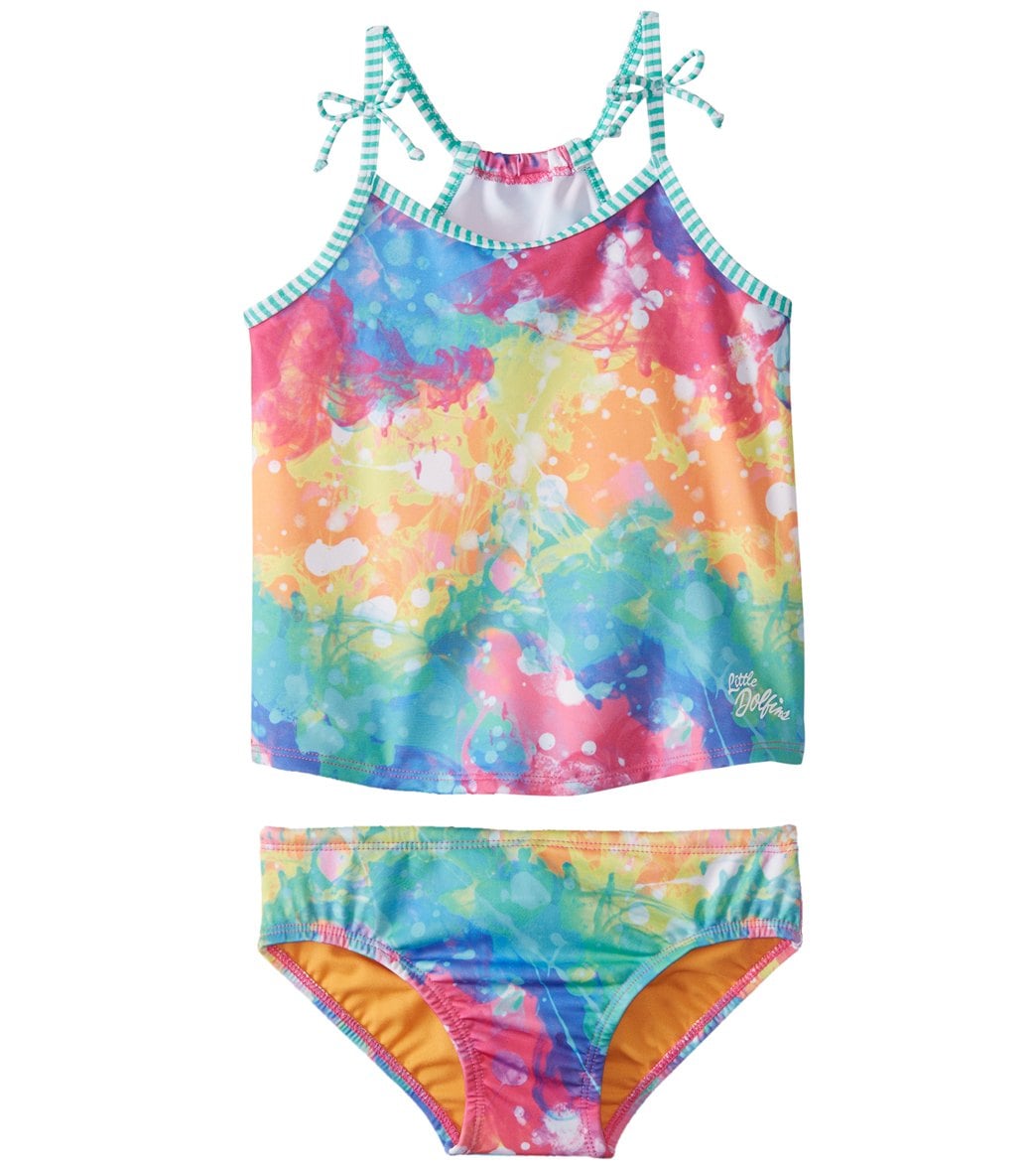 Pastel Rainbow Girls Swimsuits, Colorful Ombre Tie Dye Kids Jr