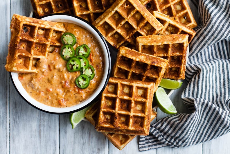 Cheddar Jalapeño Cornbread Waffles With Turkey Chile Con Queso Dip