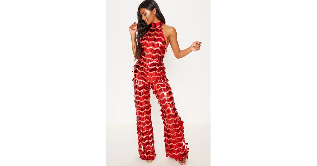 Red sequin high shop neck jumpsuit