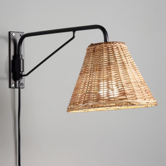 Black Swiveling Wall Sconce With Wicker Shade