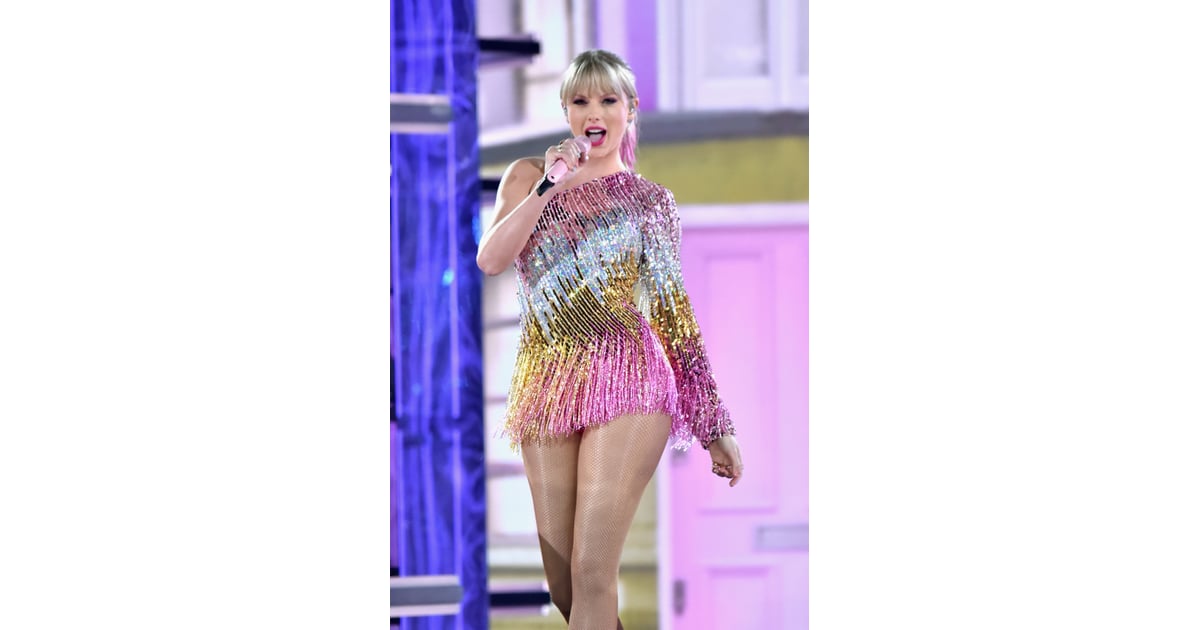 Taylor Swift Wearing a Fringed Rainbow Dress at the 2019 Billboard
