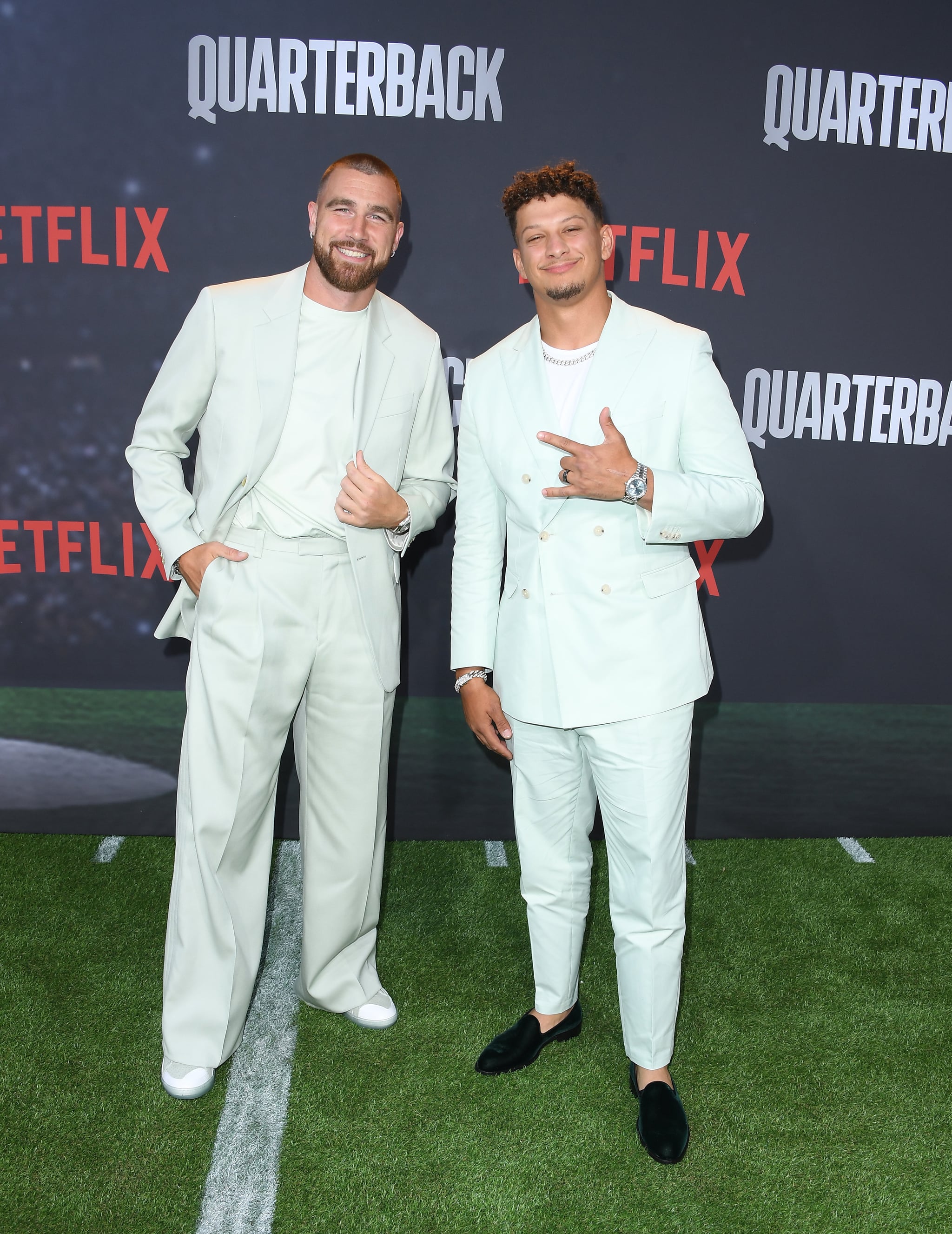 Patrick Mahomes and Travis Kelce Wear Matching Pastel Suits for