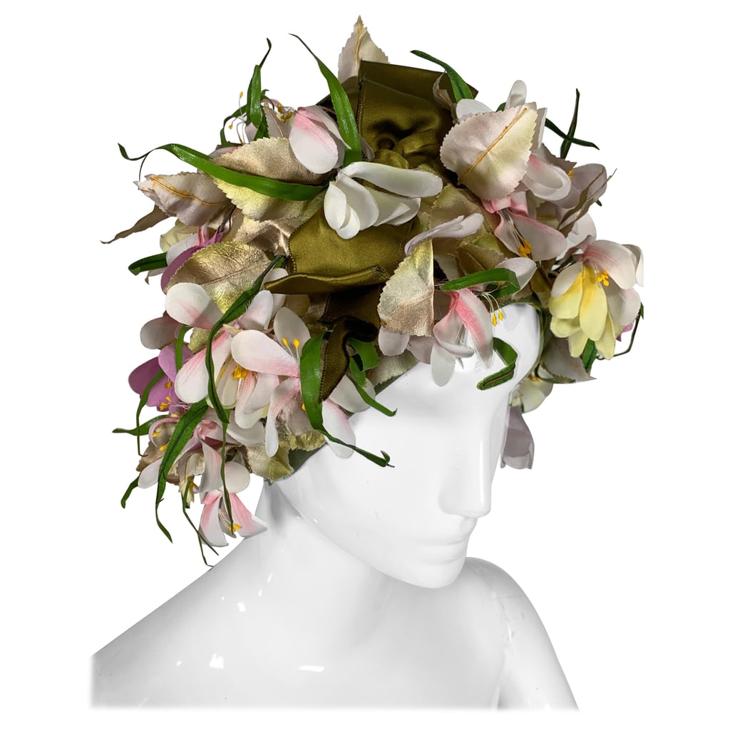 1960 Saks Millinery Yellow White & Lavender Floral Sculpted Turban W/Bows